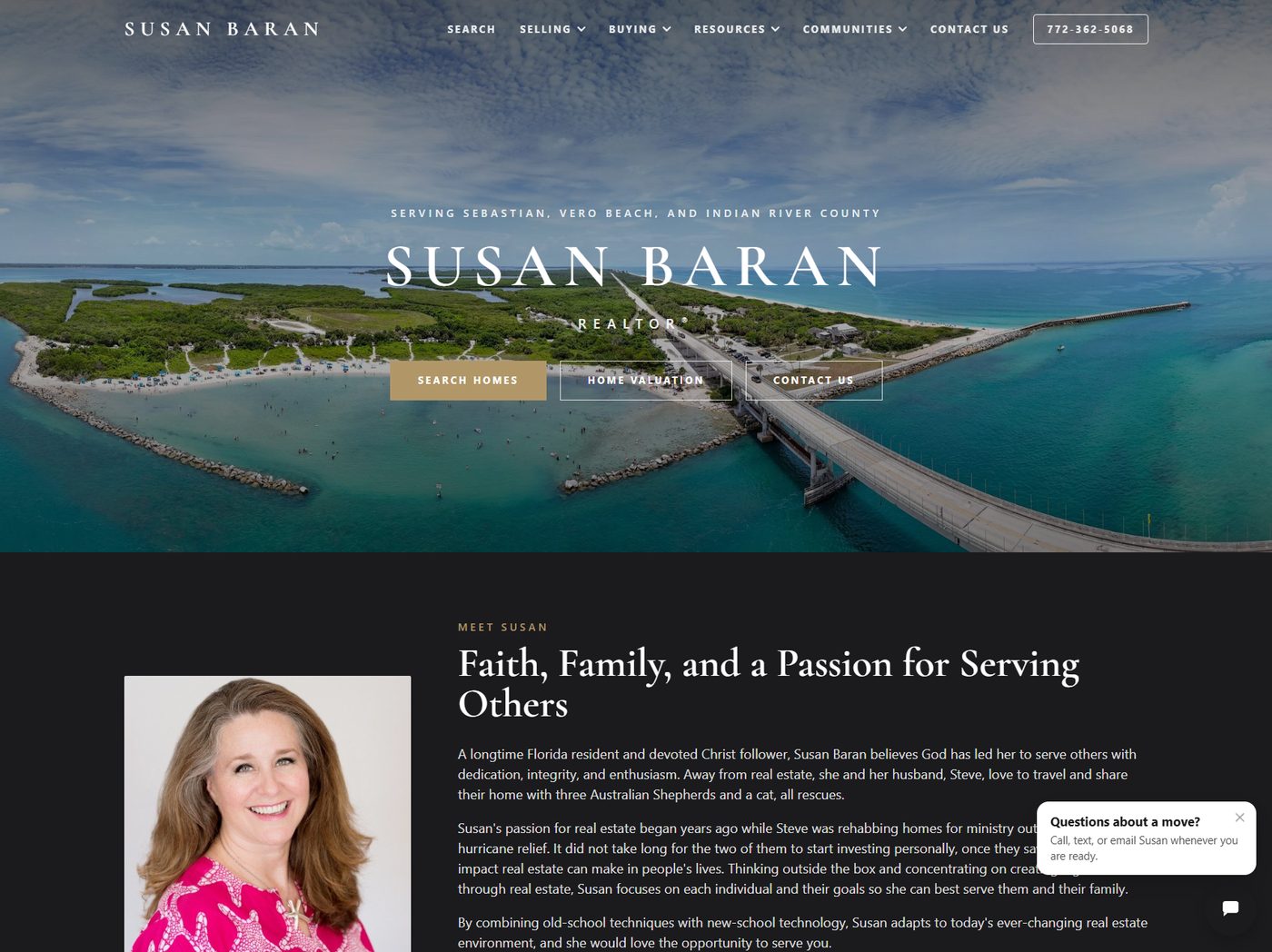 Home page of susansoldmyhome.com: aerial view of the Sebastian Inlet with Search Homes, Home Valuation, and Contact Us buttons, and a Meet Susan section.